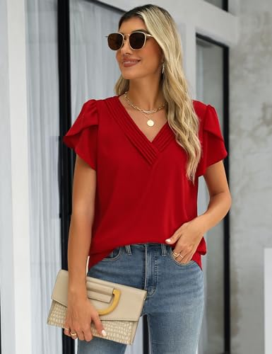 Fayenne Womens Tops Dressy Casual V Neck Ruffle Short Sleeve Blouse Business Casual Tops Chiffon Flowy Shirt Cute Summer Tops 6