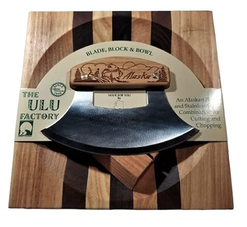 Juego de cuchillo Ulu y tabla de cortar con cuenco, diseño Oso y Montaña, fabricado en Alaska miniatura 1