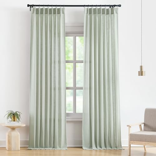 Vision Home Soft Green Pinch Pleated Semi Sheer Curtains Textured Linen Blended Light Filtering Window Curtains 102 inch for Living Room Bedroom Pinch Pleat Drapes with Hooks 2 Panels 40" Wx102 L
