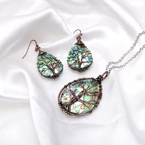 Hand Wired Tree of Life Sea Abalone Shell Jewelry Set Drop Earrings & Pendant Necklace, Bronze