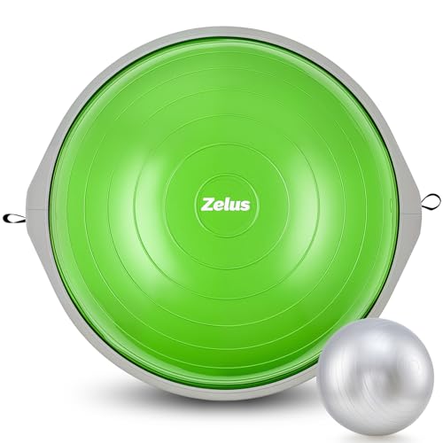 ZELUS Half Dome Balance Ball, 24.4" Balance Trainer Ball with Nonskid Base 660 lb. Max. Capacity, Exercise Ball with 2 Resistance Bands & Yoga Ball, Half Stability Ball for Home Gym Workout, Green