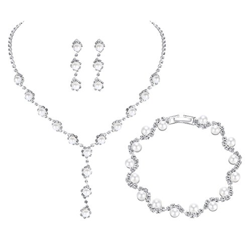 Mecresh Bridal Women Pearl Crystal Jewelry Sets For Wedding - (1 Set Earrings,1 Pcs Necklace, 1Pcs Bracelet) #TOP14