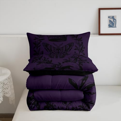 Image of Feelyou Kids Skull Set Twin Size, Black Purple Demask Bedding Set Vintage Demask for Boys Girls Floral Duvet Insert Bed Set 2Pcs