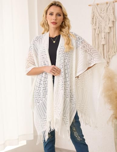 Ferand Women's Fringe Crochet Shawl Wraps Lightweight Open Front Poncho Cardigan for Spring Summer2