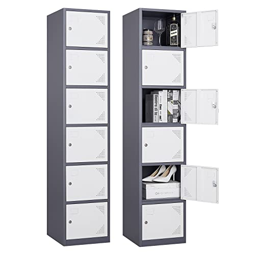 Image of Metal Locker with 6 Doors, 71 inch Lockers for Employees Steel Storage Locker, Lockable Locker Cabinet for School, Gym, Home Office and Garage(Grey White)