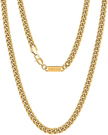 VEXXS Men's Gold Chain, 18K Real Gold Plated Miami Cuban Link Chain, Durable No Color Fading 3mm 4mm 6mm Men’s Necklace Chain Urban Fashion Street Wear