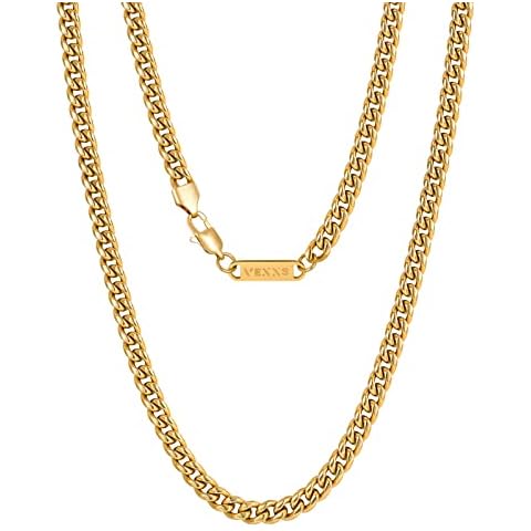 VEXXS Men's Gold Chain, 18K Real Gold Plated Miami Cuban Link Chain, Durable No Color Fading 3mm 4mm 6mm Men’s Necklace Chain Urban Fashion Street Wear Cover