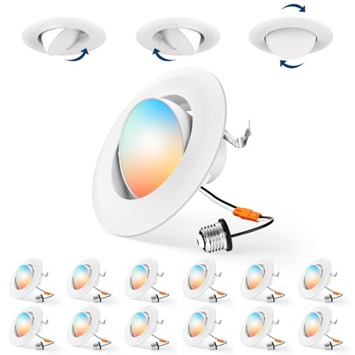 Amico 12 Pack 4 Inch Retrofit Eyeball Gimbal Can Lights Adjustable Eyeball Directional 5CCT LED Recessed Lights Dimmable 2700K/3000K/3500K/4000K/5000K Selectable 7W 650LM ETL&FCC