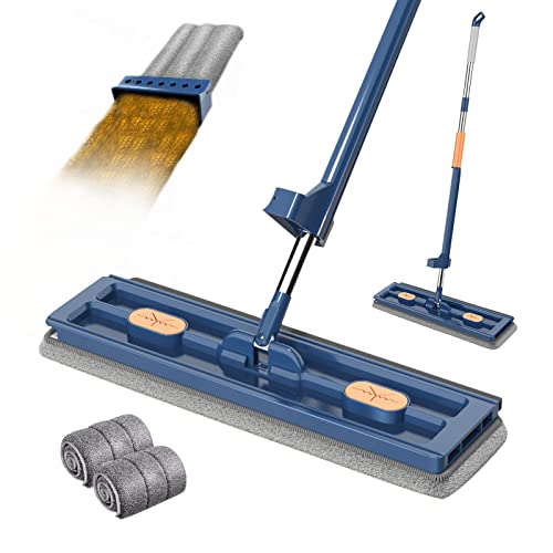Großer Flachmop,Flacher Wischmopp Eimer mit Auswringfunktion,360° Drehgelenk Bodenwischer Set Flachmopp mit Wiederverwendbaren Mikrofaser Wischpads,Freihändiger Moppie Wischmop (Blau+2 Lappen)