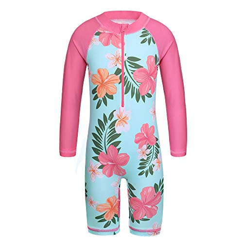 TFJH E Girls Swimsuit Kids Long Sleeve Swimwear UPF 50+ UV Sunblock One Piece Rash Guard Suit,Cyan Flower 140/146