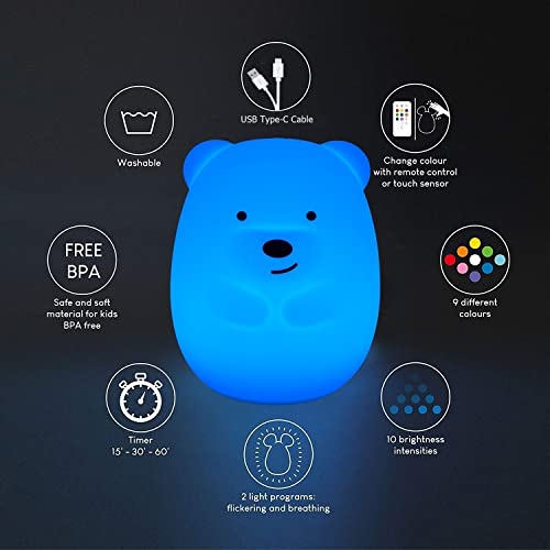 Glinrui Bear Night Light Kids, Bedside Lamp For Children, Baby Nursery Night Lights - Break Resistant/Eye Caring/Adjustable Brightness & Color/Time Setting/Touch-Control & Remote Control - Medium #TOP4