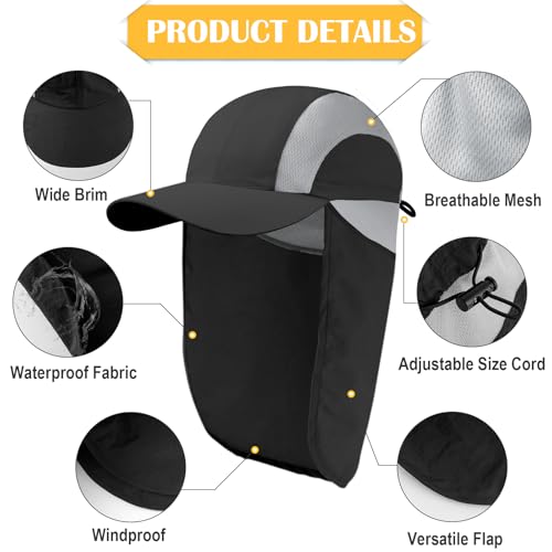 Image of Mens Sun Hat with Breathable Mesh Sun Hats for Men Sun Protection Fishing Hat with Neck Flap for Hiking Cycling Black