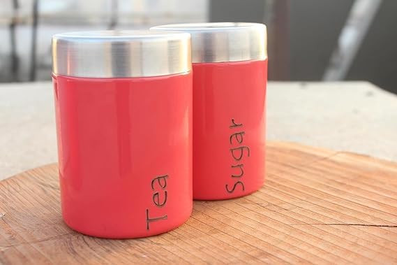 Image of Steel Container Set of 2 - Tea and Sugar Storage Jar (Pink)