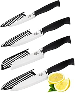 4pc Ceramic Blade Kitchen Knife Set  Paring, Utility, Santoku, Chef knives With Covers/Sheaths. Black Soft Grip Handle. Corrosion, Rust Resistant. Stays Sharper Longer Than Steel. Taylors Eye Witness