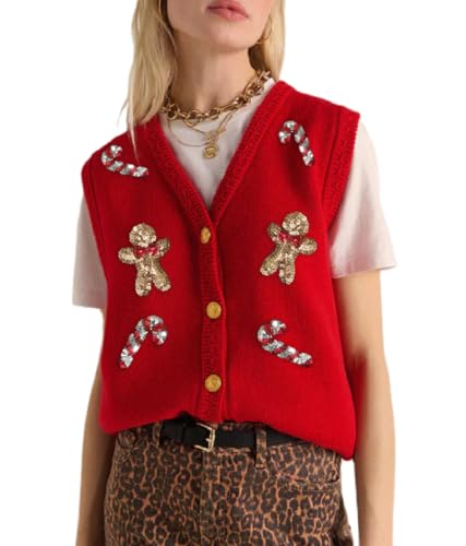 Image of Women Christmas Knit Vest Top Santa Embroidery Sleeveless Button Down Sweater Vest Xmas Snowman Cardigans Tank Top