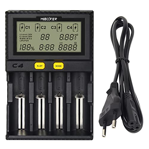 LGIDTECH C4 Miboxer 18650 Cargador de batería Inteligente 4 Ranuras con Pantalla LCD para baterías Recargables Li-ion/IMR/INR/ICR/LiFePO4-26650 16340 18500 18350 17670 RCR123,Ni-MH/Ni-CD-AA/AAA/C/SC