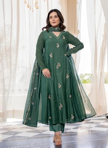 Image of KLOSIA Women Embroidery Solid Anarkali Kurta and Pant Set with Dupatta