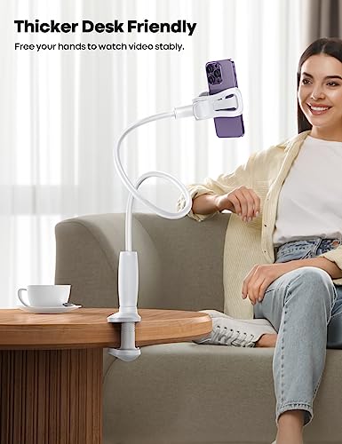 Image of Lamicall Gooseneck Phone Holder for Bed, Stable Flexible Arm Stand for Desk | Upgraded Al-Mg Alloy Core, Secure Clamp Base, 33.4 inch Long Arm, Hands-Free Viewing, Bedside & Desk Use, Fits 4-7 inch Phones, White