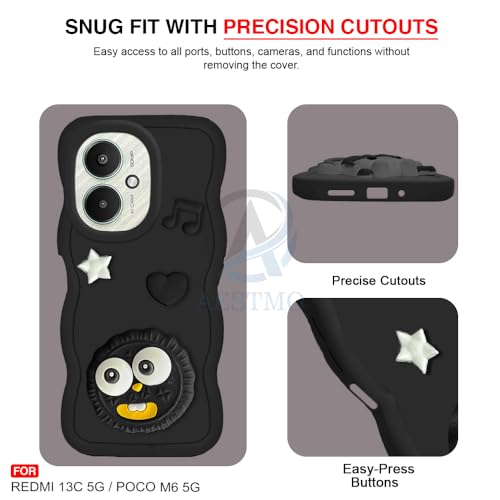 Image of AESTMO Back Case Cover for Redmi 13C 5G / Poco M6 5G | 3D Cute Fun Cartoon Characters | Anti Slip Grip Cute Wave Curly Frame Shape | Back Cover for Redmi 13C 5G / Poco M6 5G | (Black)