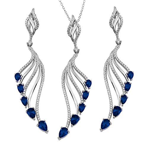 CloseoutWarehouse Blue And Clear Cubic Zirconia Peacock Tail Necklace and Earrings Set Sterling Silver