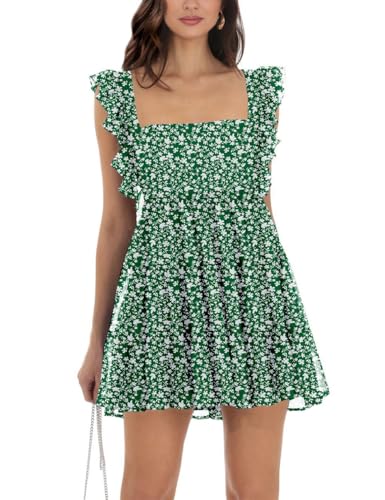 Womens Summer Square Neck Tie Back Ruffle Sleeve Tiered Casual A-Line Short Mini Dress