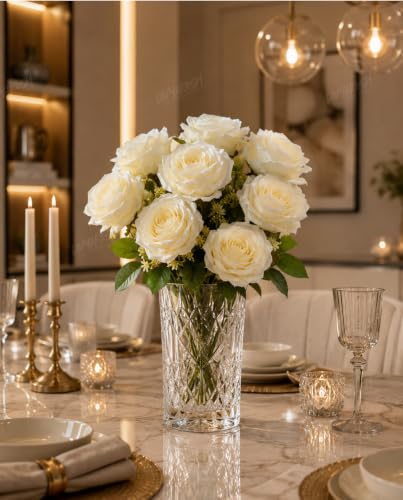 Image of Divyakosh Artificial Flowers Bunch (Vase Not Included). Artificial Flower for Vase, Flower Bouquet Gift, 9 White Rose Bouquet, Luxury Artificial Flower Arrangement for Living Room, Office