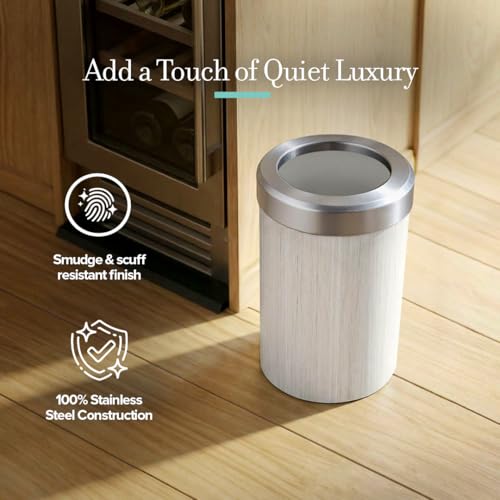 Image of Gatco Small Bathroom Trash Can with Lid, Round 3 Gallon Wastebasket, Under Sink, White Oak with Satin Nickel, for Bathroom, Bedroom, Office (1932SN)