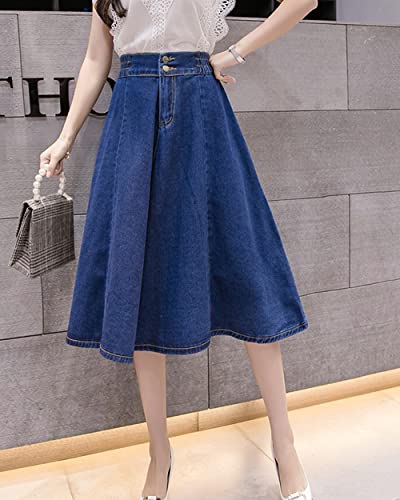 ebossy Women's Elegant High Waisted A-Line Flared Midi Long Denim Skirt with Pocket2
