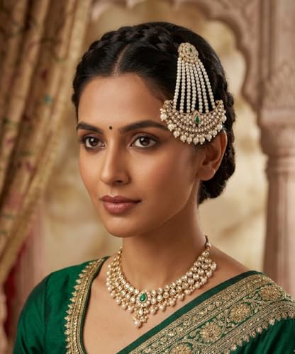 Image of Gold-Plated Head Passa Jewelry For Women Kundan Pearl Studded & Beaded Passa /Matha Patti Jhoomar Jewellery for Women & Girls Birthday Gifts