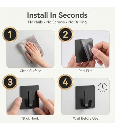 Image of Enclave Heavy Duty Adhesive Hooks, Stick on Wall Adhesive Hangers, Strong Stainless Steel Holder, Self Adhesive Hooks for Kitchen Bathroom Home Door Towel Coat Key Robe. (J Shape Black, Pack of 8)