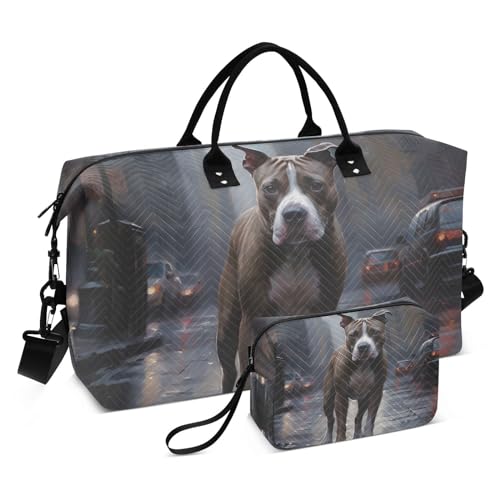 Large Travel Duffel Bag, Dog in City Sports Tote Gym Bag, Shoulder Weekender Overnight Bag for Women Men, Carry On Luggage with Toiletry Bags