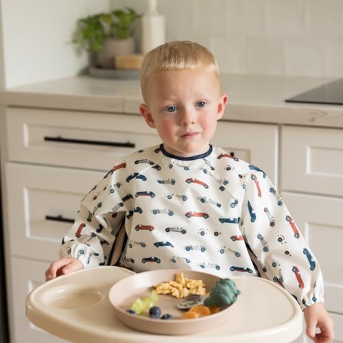 Image of Tiny Twinkle Long Sleeve Bib for Babies & Toddlers | Waterproof Smock Bib for Eating | Machine Washable & Mess-Proof Feeding Essentials | Newborn Shower Gift (Vintage Cars, Small 6-24 Months)