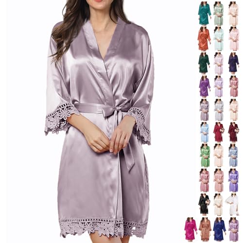 WJing Yi Jia Womens Silk Robe Satin Robe Silky Kimono Lace Bathrobe Sleepwear Wedding For Bridal Bride Bridesmaid Robes