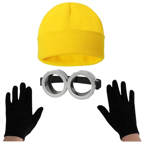 SECBOO 3Pcs Men's Cosplay Accessory Steampunk Goggles Glasses Punk Sunglasses Yellow Beanie Knit Hats Black Glove Halloween