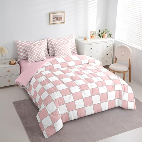 Image of Erosebridal White Pink Plaid King Comforter Set with Sheets 7 Piece Light Pink Checkerboard Bedding Set for Kids Girls Teen,Checkered Grid Bed in A Bag Modern Aesthetic Geometric Bed Set