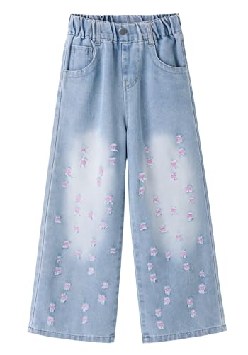 Pantalones de mezclilla desgastados niña con bolsillos y cintura alta
