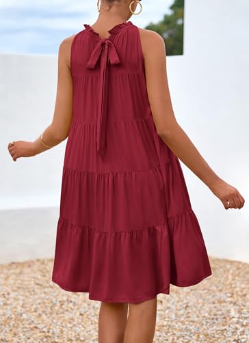 Okiwam Womens Summer Halter Dresses Sleeveless A Line Tiered Swing Mini 2025 Fall Casual Boho Beach Vacation Sundress