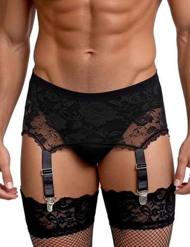 ohyeah Mens 6-Strap High-Waist Black Lace Garter Belt with Metal Clamps Adjustable Suspenders Garter Belts for Thigh Highs L