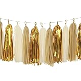 White Gold Shiny Tassel Garland Tissue Paper Tassel Banner,Table Decor,Tassels Party Decor Supplies for Wedding,Birthday,Bridal/Baby Shower,Anniversary,DIY Kits (Metallic Gold+Tan+Ivory,15PC)