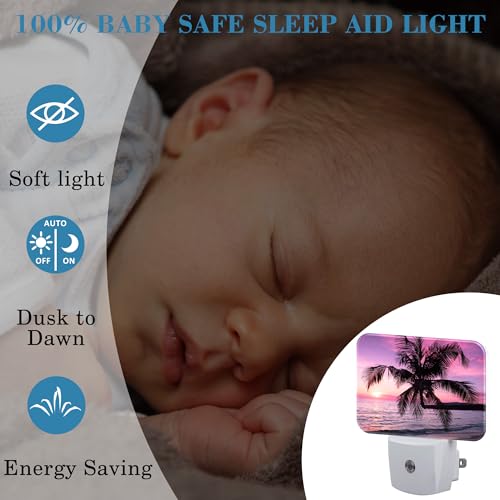 Image of Beautiful Purple Pink Sunset Night Light Tropical Palm Tree Nightlight Plug into Wall with Dusk to Dawn Sensor for Kid Girls Boys Women Men Room, Hallway, Kitchen, Bathroom, Stairs Decor