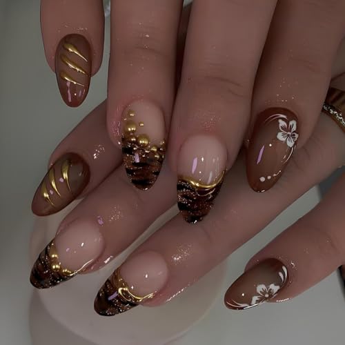 Image of Brown Press on Nails French Tip Fake Nails Medium Almond False Nail with Gold Design Fall Stick on Nail Glossy Full Cover Reusable Artificial Acrylic Flower Glue on Nails for Women Manicure 24Pcs
