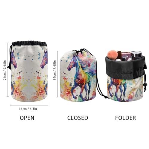 chaqlin Watercolor Horse Travel Cosmetic Bags Barrel Makeup Bag,Women Girls Portable Foldable Cases Multifunctional Toiletry Bucket Bags Round Organizer Storage Pocket - Image 4