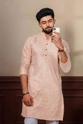 Image of LookMark Men's Printed Silk Blend Kurta with Mandarin Collar, Full Sleeves, Straight Fit Traditional Ethnic Wear