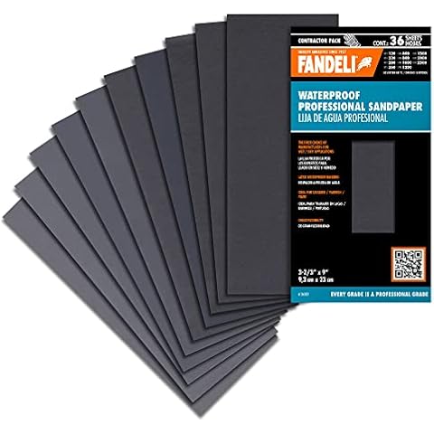Fandeli | Waterproof Sandpaper | Assortment of Grits from 120 to 2500 | 36 Sheets 23 x 9,3 cm | for Car Polishing, Wood Furniture Sanding and Metal Sanding | Water Resistant Cover