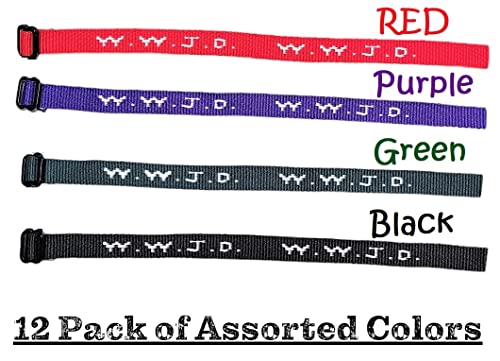 Colorful W.w.j.d. Webbing Bracelets (12 Pack) (“What Would Jesus Do?”) Colors: Black, Army Green, Purple, Bright Red Religious Christian Wristband, #TOP1