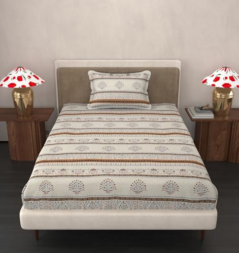 Image of VOMZER Single Size (60x90) 300 TC Soft Cotton Feel Microfiber Flat Single Bedsheet with 1 Pillow Cover | White Jaipuri