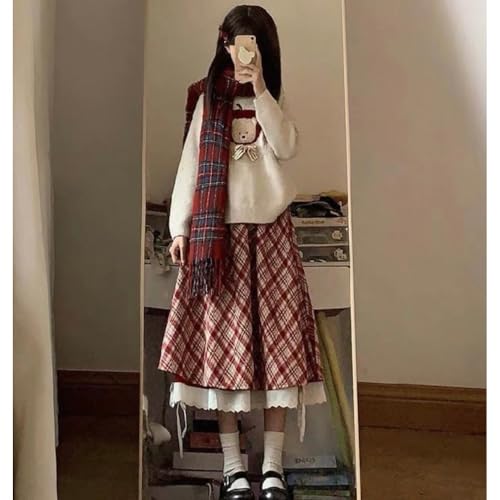 Y2K Sweet Wind Red Plaid Half Length Skirt with Women's Lace, High Waist, Slim Look, Medium Length Skirt4