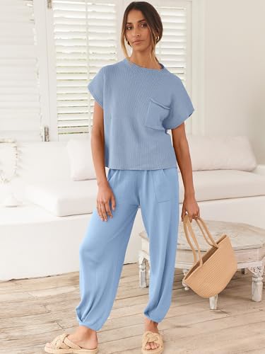 Image of ANRABESS Women's Two Piece Outfits Sweater Sets Knit Pullover Tops and High Waisted Pants Tracksuit Lounge Sets