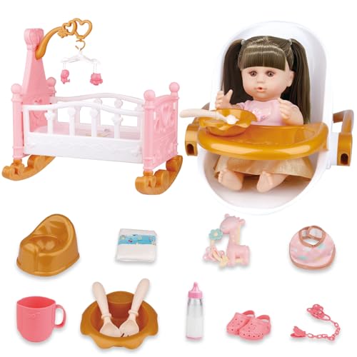 RedCrab Kit Bebe Poupee et Accessoires, 32cm Poupon avec Cheveux Longs, Lit Poupee, Chaise Haute, Vêtements, Biberon, Pot, Tétine, Couches, Jeu de Rôle Jouet Cadeau...