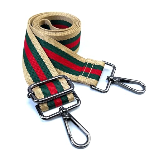 Image of Beige Green Red Stripe Purse Strap with Gunmetal Black Hardware 1-1 /2 Inch Wide Replacement Crossbody Guitar Style Shoulder Strap for Handbags Totes